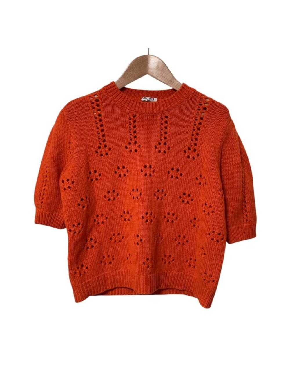 Miu Miu Cashmere 100% Openwork Half Sleeve Knit Sweater Orange Spring Summer 36